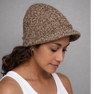 Y2K Roxy Wool Knit Brim Beanie Visor Hat Brown Beige Fisherman Newsboy Marled